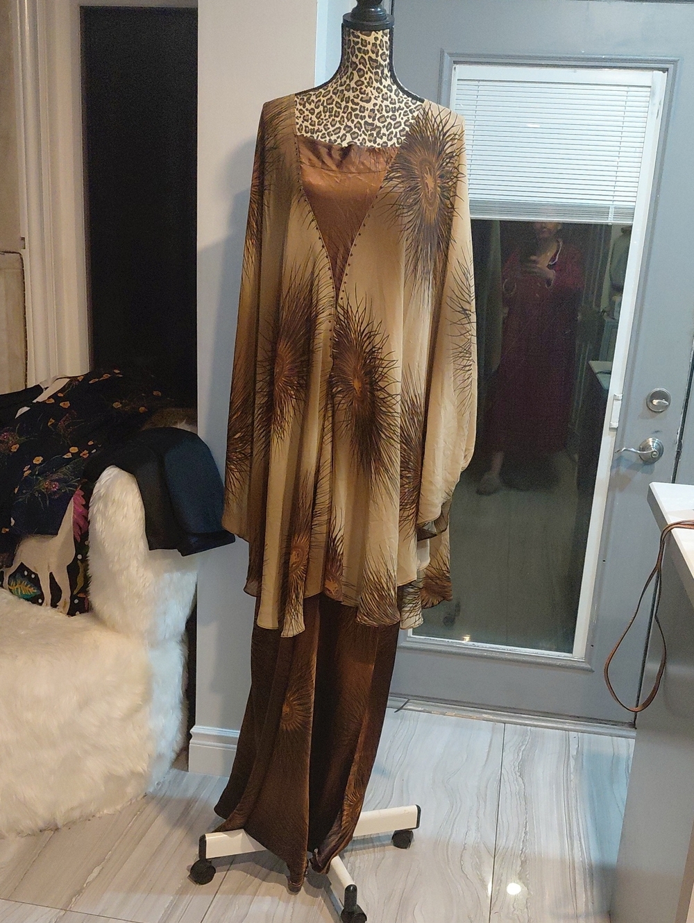 100% Silk Flowy Bronze and Tan Printed Kaftan Dress